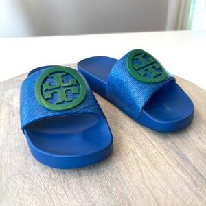 Tory Burch Lina Slide Sandals - Blue Textured with Green Logo - Size 5M US 5